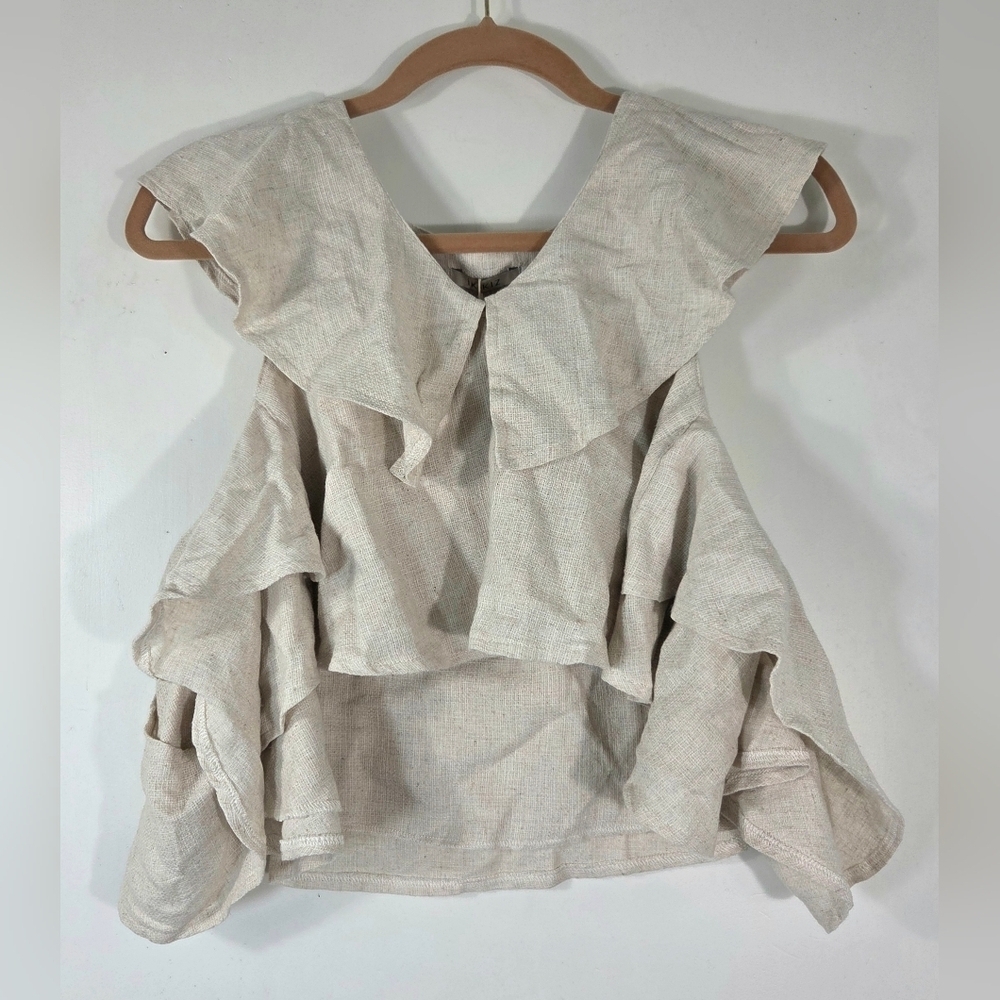 NEW IKIKIZ NATURAL LINEN BLEND FRILLED BLOUSE.